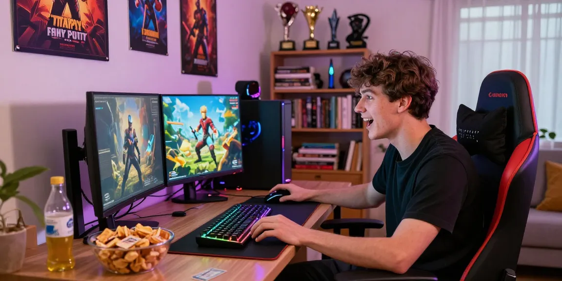 Engaged player in a gaming setup about rikvip, vibrant atmosphere with gaming gear and collectibles.