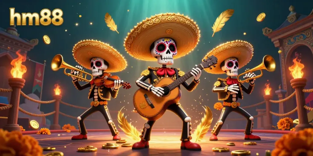 Experience vibrant entertainment at hm88 with a lively mariachi band amid gold coins and dynamic casino elements.