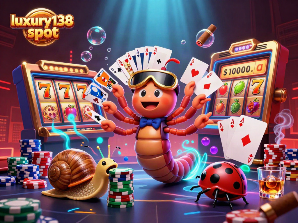 Putar slot luxury138 slot dengan dealer kartun dan simbol keberuntungan mengelilinginya.