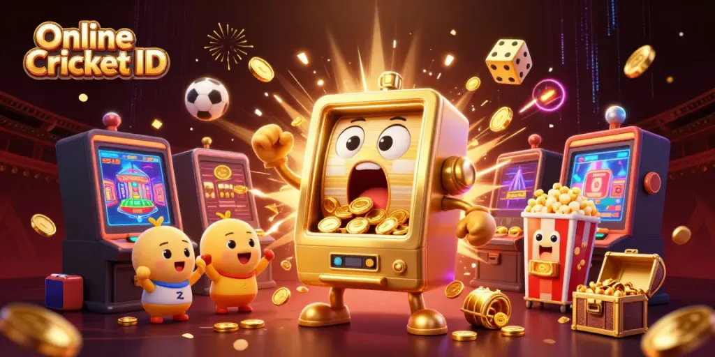 Place bets using Online Cricket ID with dynamic slots, cheerful characters, and a rich casino scene.