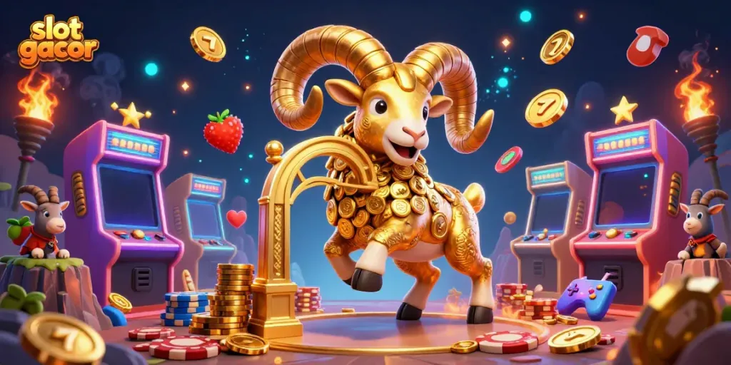 Menangkan slot gacor dengan ilustrasi kasino animasi yang menakjubkan, menampilkan domba emas besar menyerang gerbang.