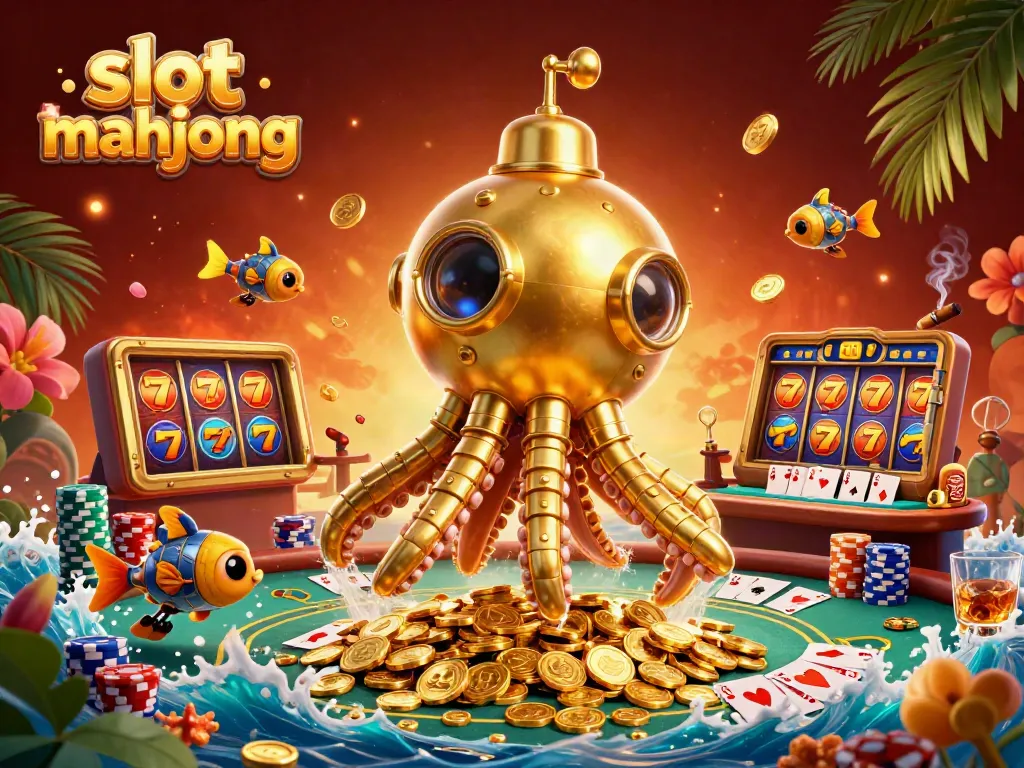 Experience thrilling slot mahjong action with a vibrant scene of a kraken submarine and slot reels.