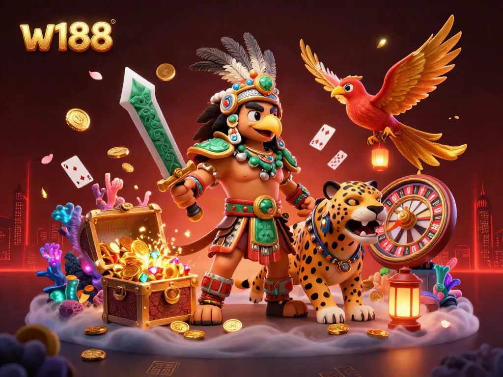 Engage in thrilling gameplay at w188 with vibrant scenes featuring an Aztec warrior and casino elements.