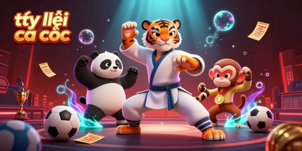 Capture the dynamic essence of tỷ lệ cá cược amidst a playful sports betting scene with kung fu and fun.