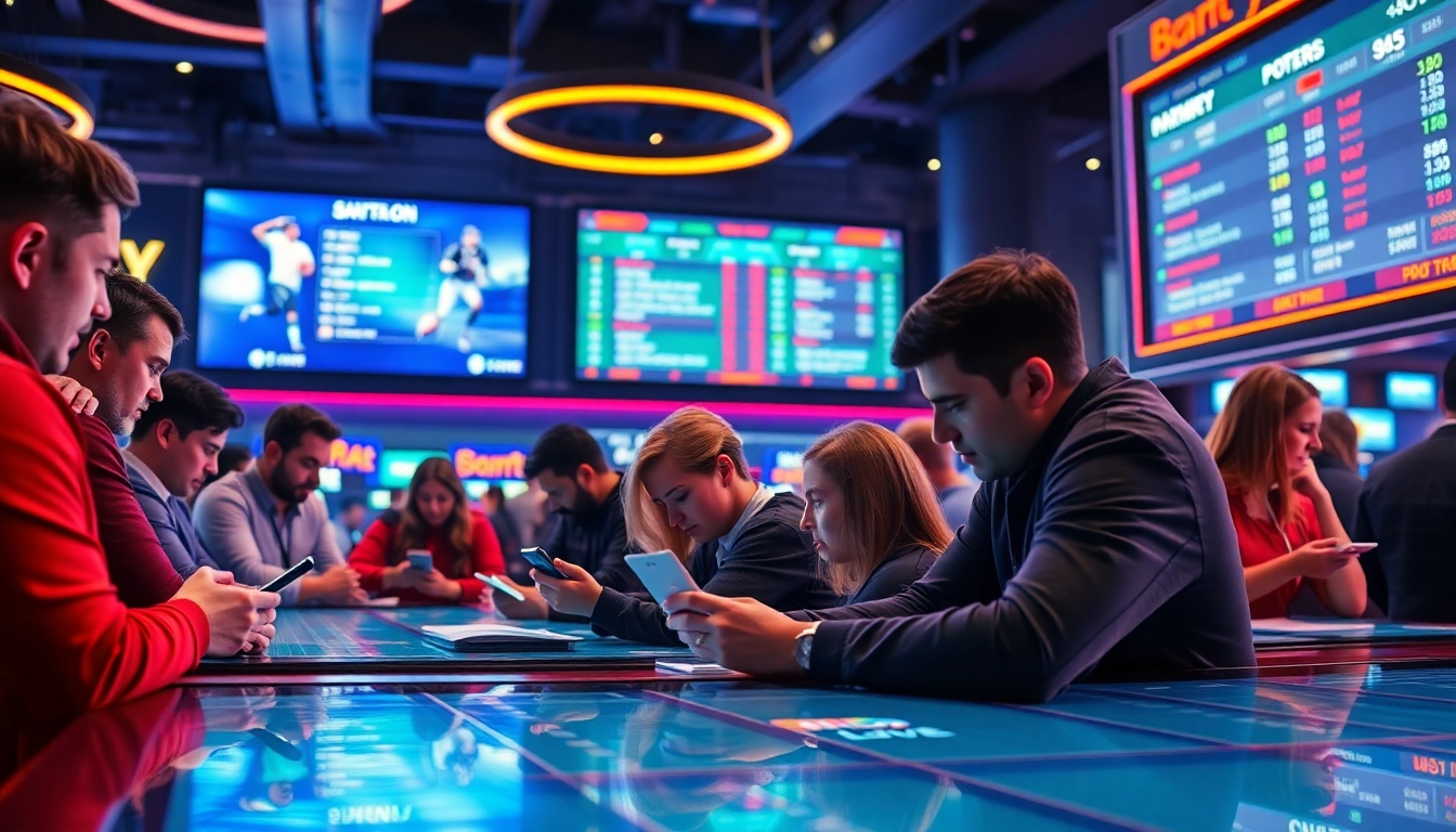 Engaged individuals in a sports betting environment highlighting online Betting excitement.