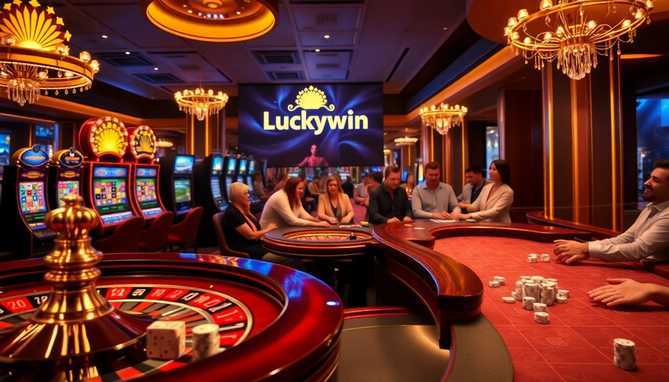Experience the thrill of winning at Luckywin, with vibrant casino tables and spinning roulette wheels.