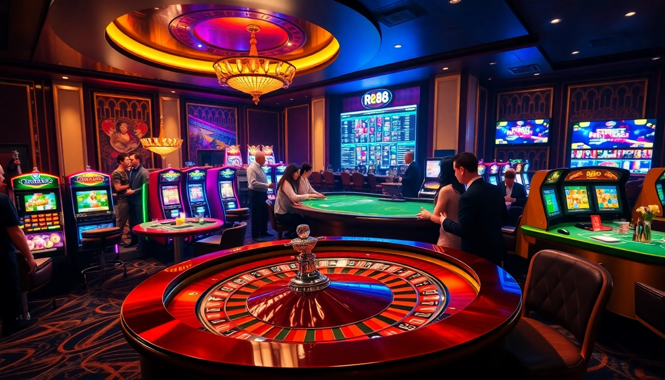 Players enjoying a thrilling game at RR88's luxurious casino venue, capturing the excitement of gambling.