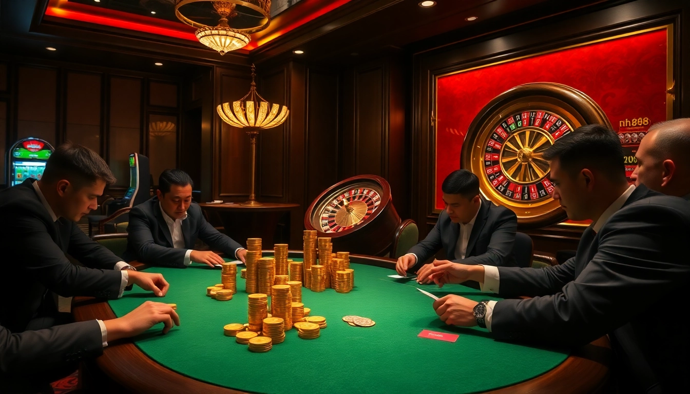 Experience the thrill of high-stakes gambling at nh88 casino tables with poker chips and roulette wheels.