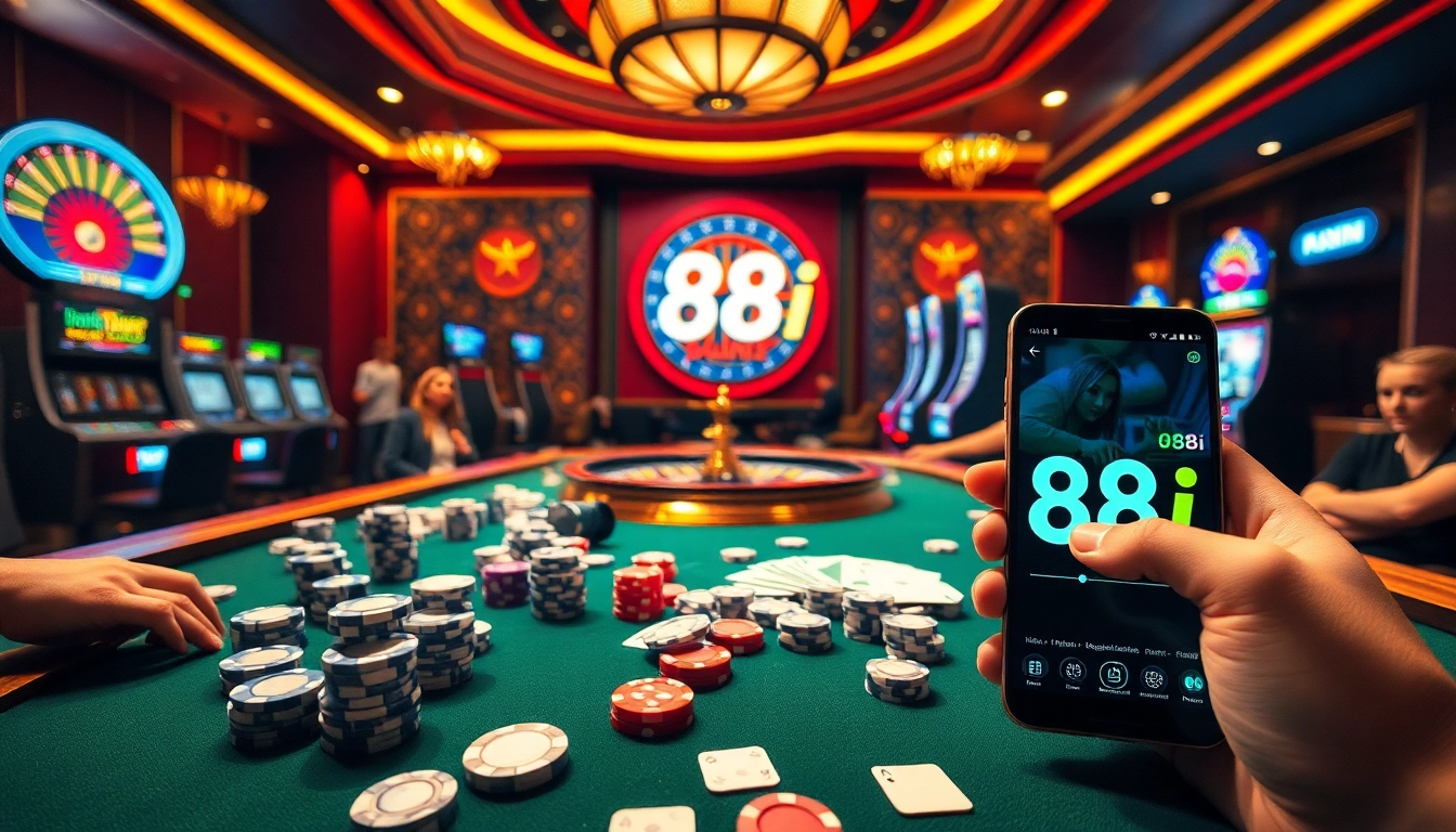 Betting at a poker table in a luxurious casino setting featuring the 88i branding.
