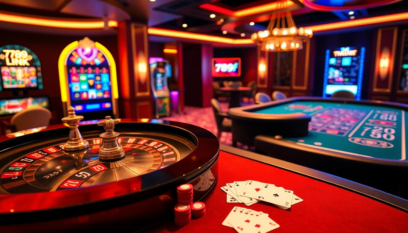 Experience the thrill of gaming at 789f link with a lively casino scene featuring roulette and baccarat.