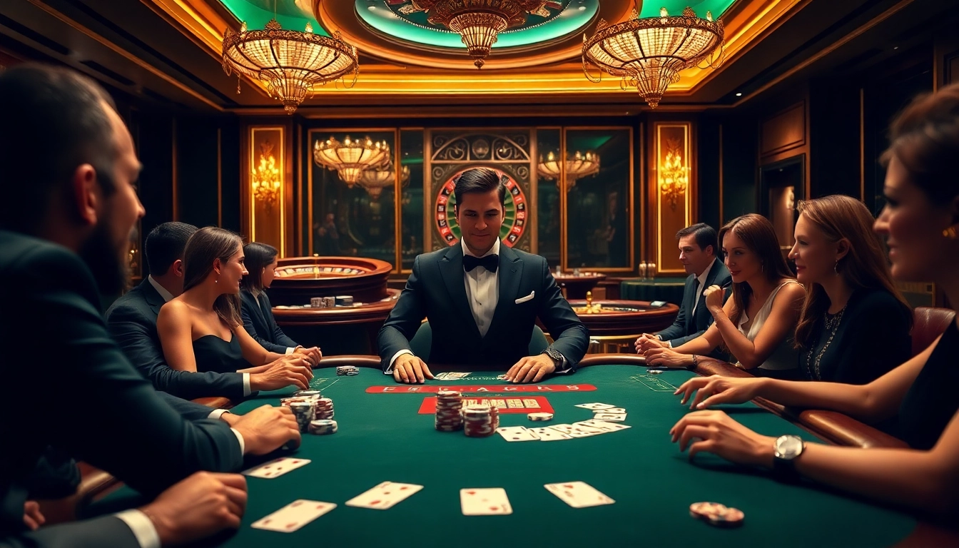 The excitement of gambling at https://f8bet.dental/ with players engaging in a high-stakes poker game at a luxurious table.