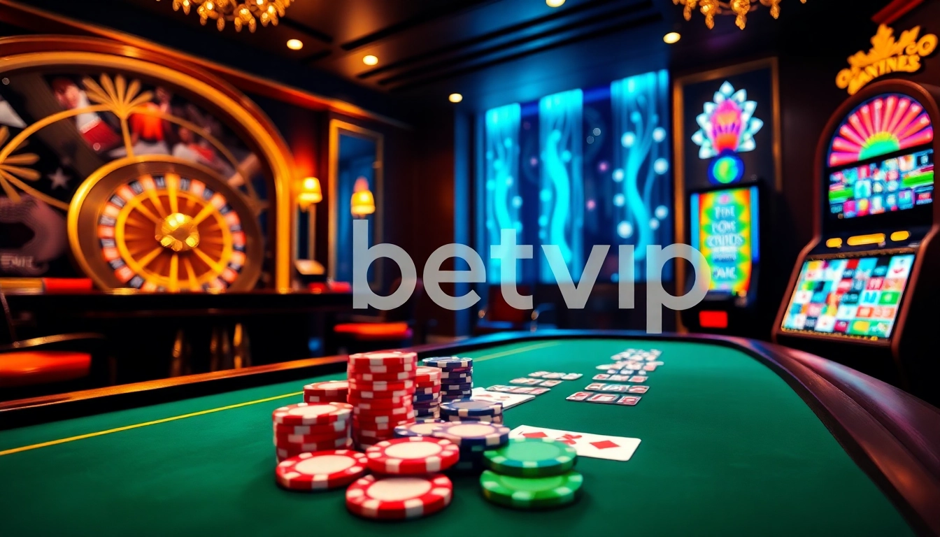 Cảnh chơi game đầy hứng khởi với các chip poker và bàn roulette phản ánh thương hiệu BetVIP.