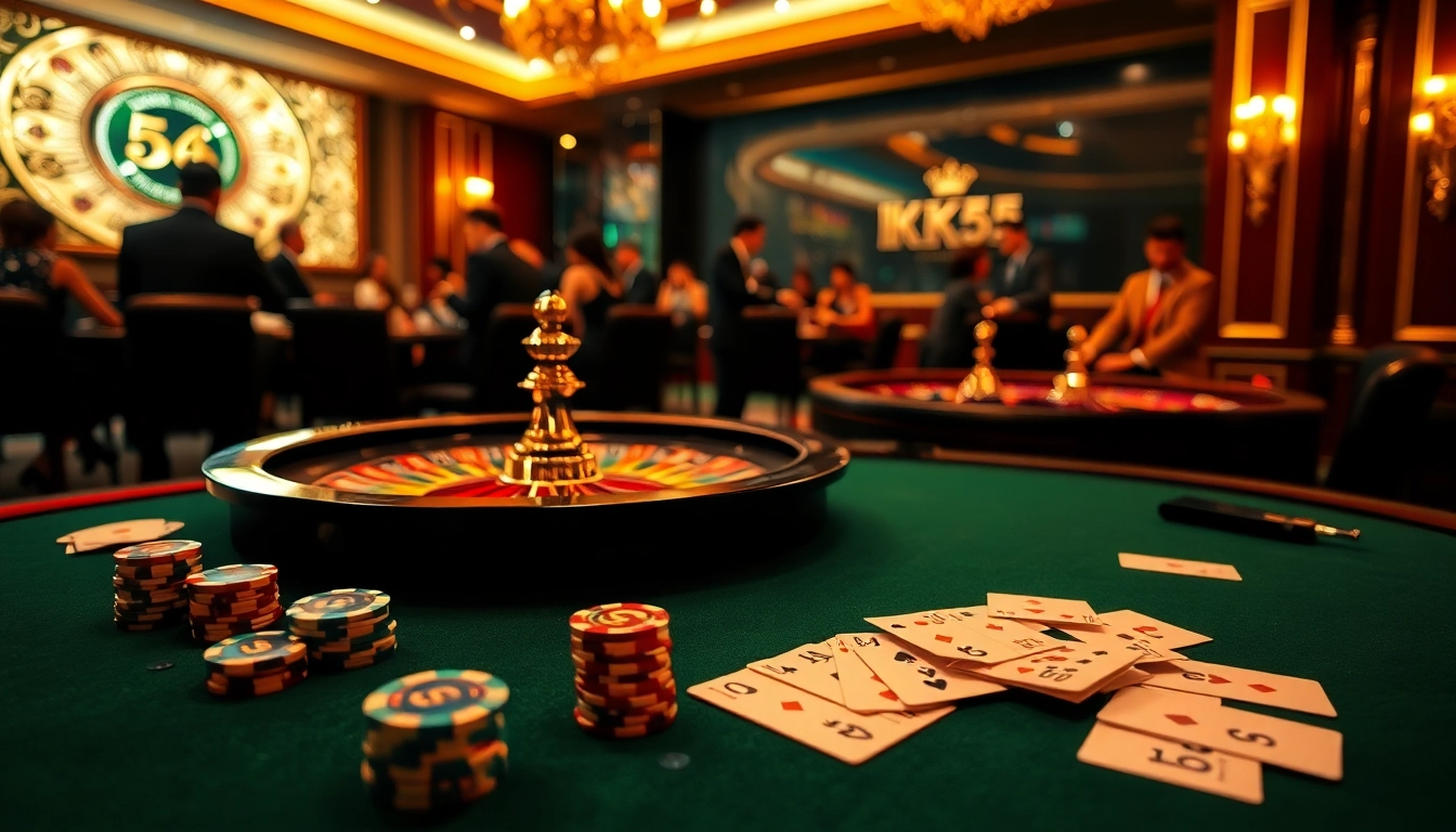 Engaging casino scene showcasing KK55.com with poker chips and roulette wheel, inviting thrill-seekers.