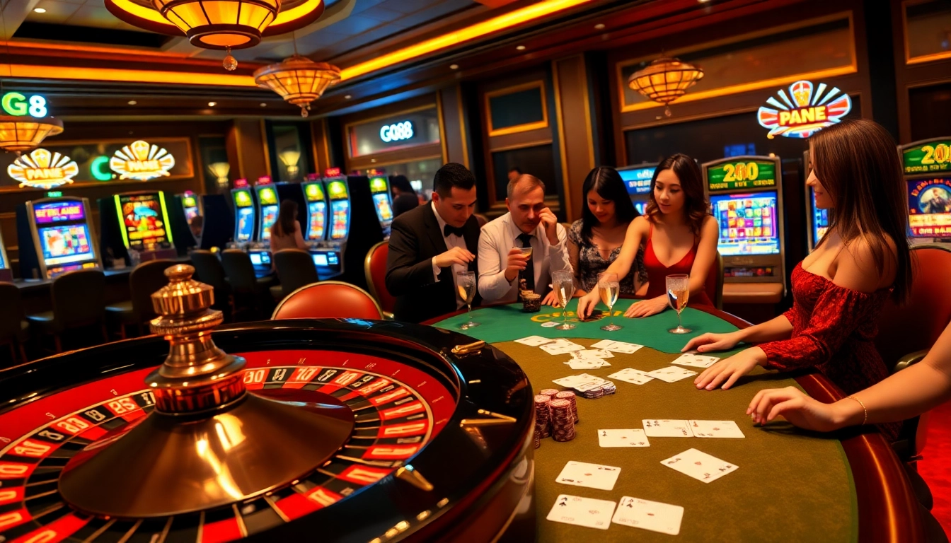 Players enjoying a thrilling game of blackjack at GO88 casino with professional dealer, vibrant colors, and luxurious ambiance.