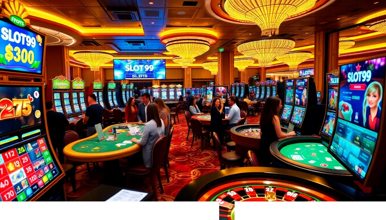 SLOT99 gamers enjoy thrilling slot machines and vibrant casino tables in a luxurious setting.