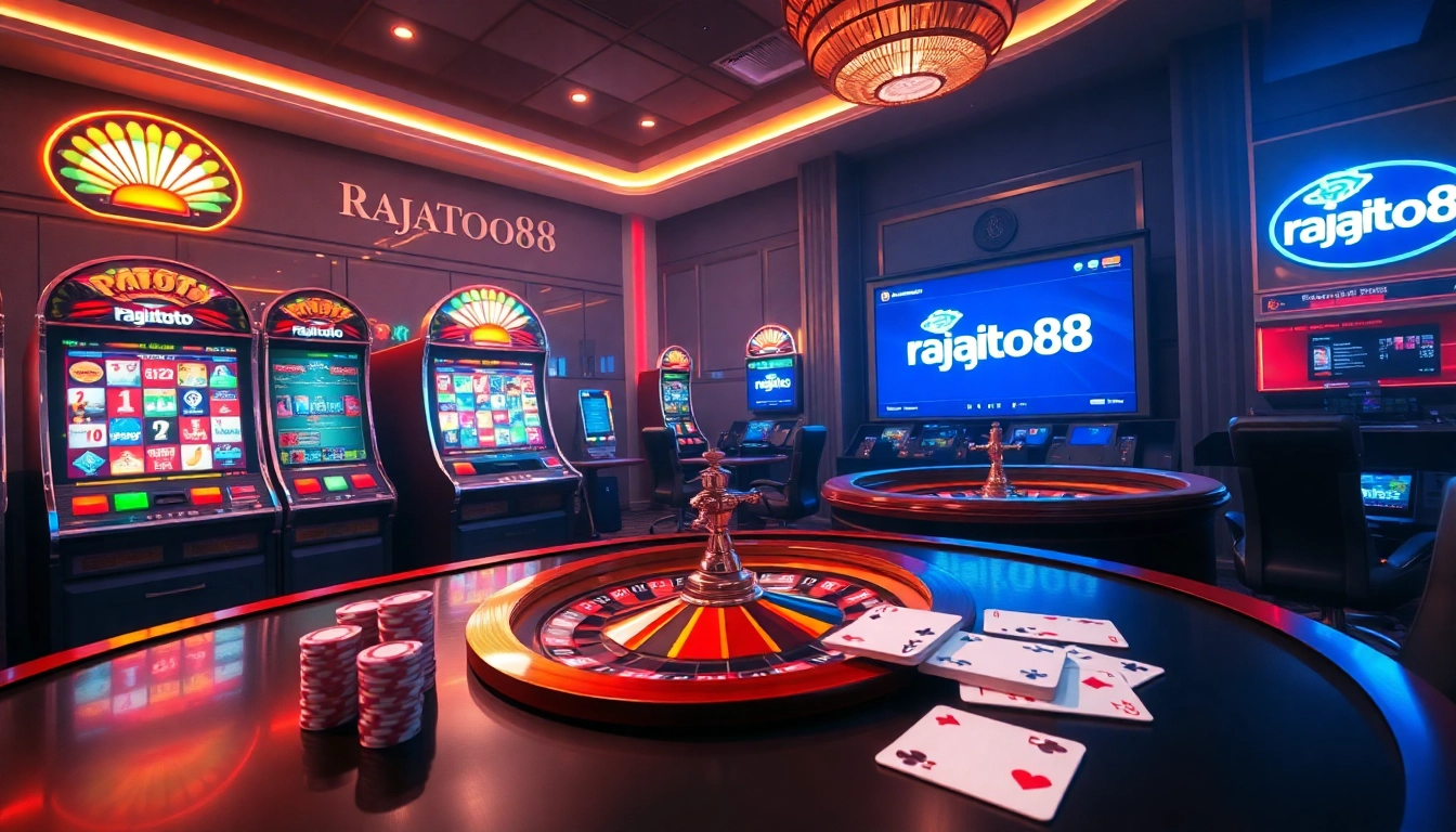 Experience thrilling gambling moments at rajatoto88 with vibrant slot machines and roulette wheels.