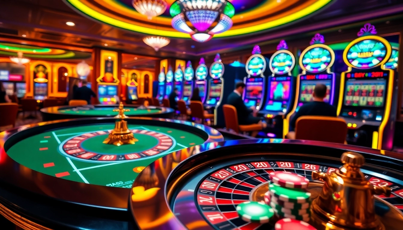 Players enjoying the thrill of Link FLY88 at an upscale casino table with slots and roulette.