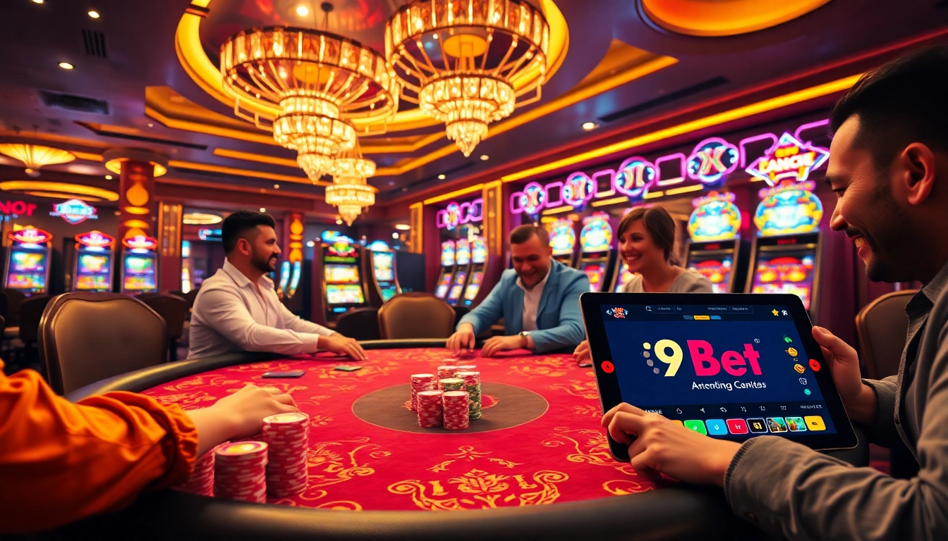 Players engaged in an exciting poker game in a luxurious casino setting with i9bet ren branding.