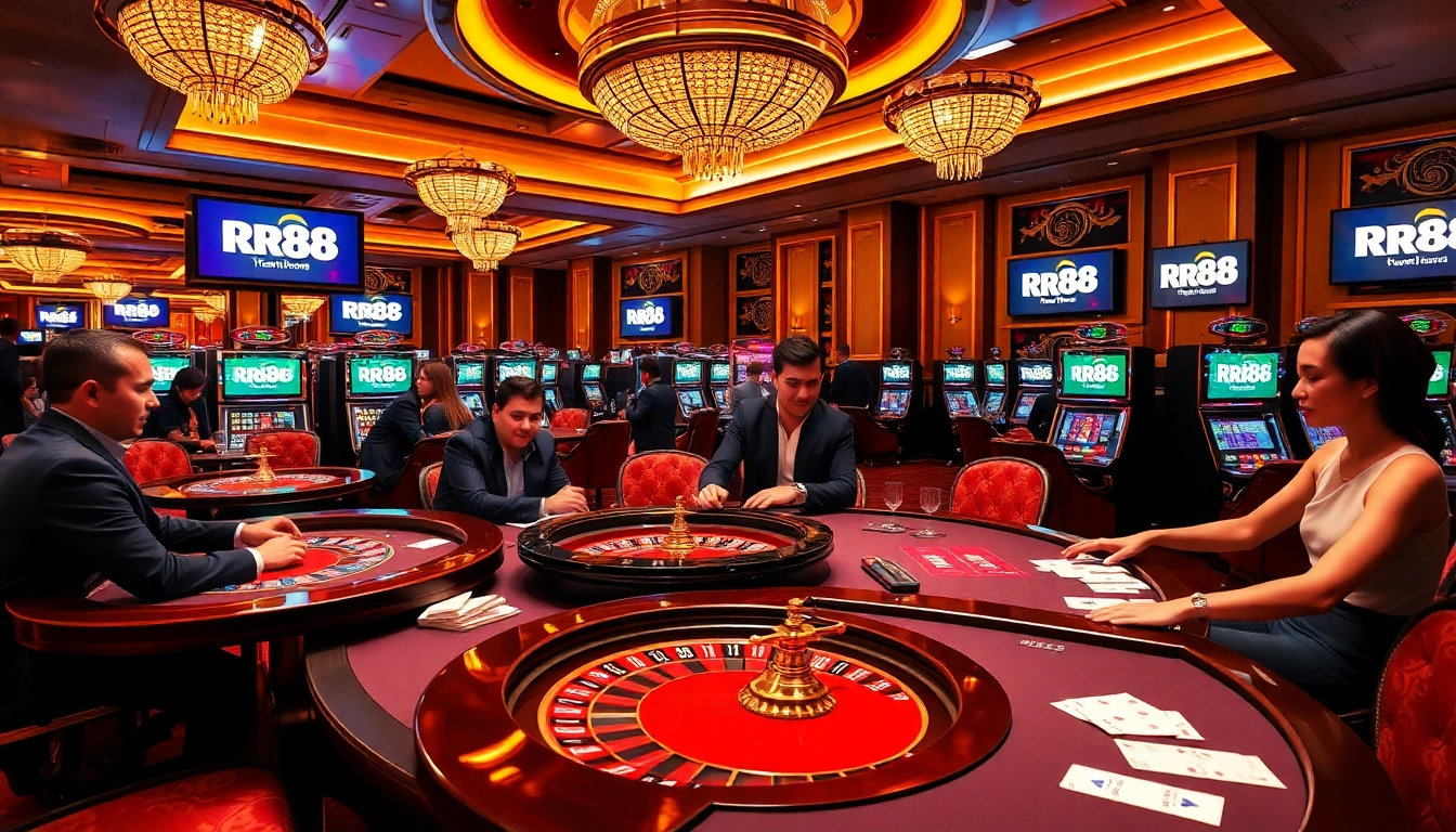 RR88 casino showcasing vibrant gaming tables with players enjoying gambling thrills.