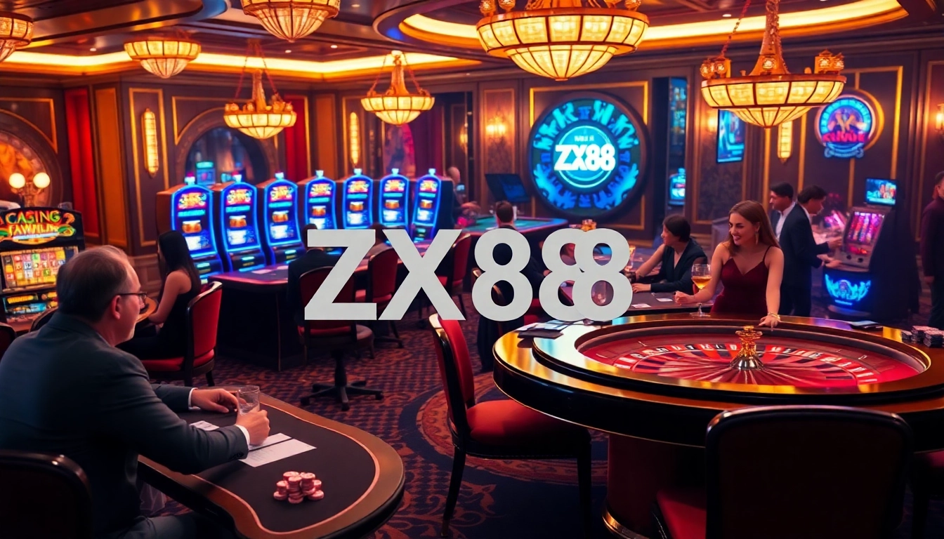 Experience the thrilling atmosphere of ZX88-driven casino gaming with players enjoying poker and roulette.