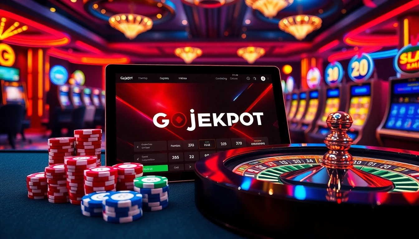 Engage with gojekpot's thrilling online gambling interface amidst luxurious casino elements.
