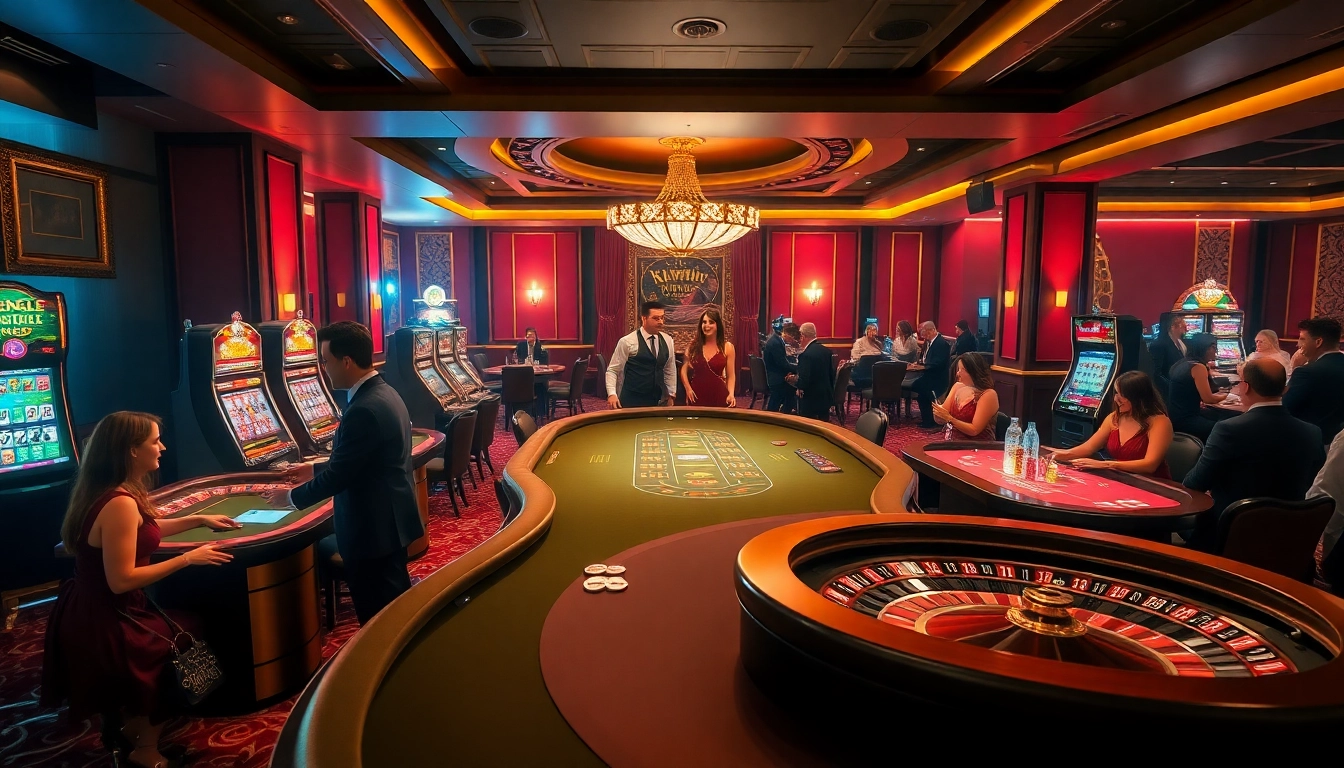 kuwin players enjoying an exhilarating game at a professional casino table with vibrant slot machines.