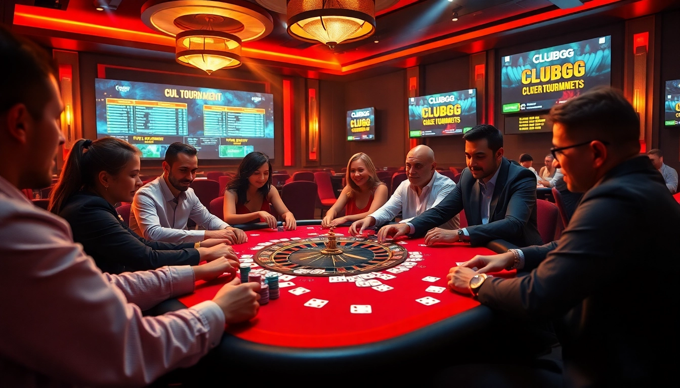Engaged players strategizing at a ClubGG poker club table filled with colorful chips and cards.