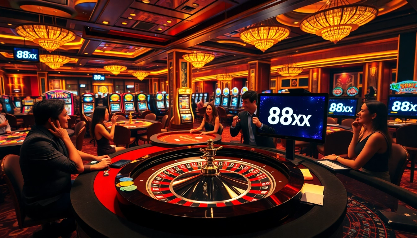 Gamblers enjoying a thrilling game of roulette at a luxurious casino showcasing 88xx.