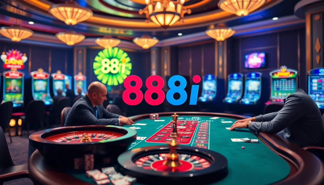 Gamblers enjoying an exciting poker game at 88i casino with vibrant chips and cards.