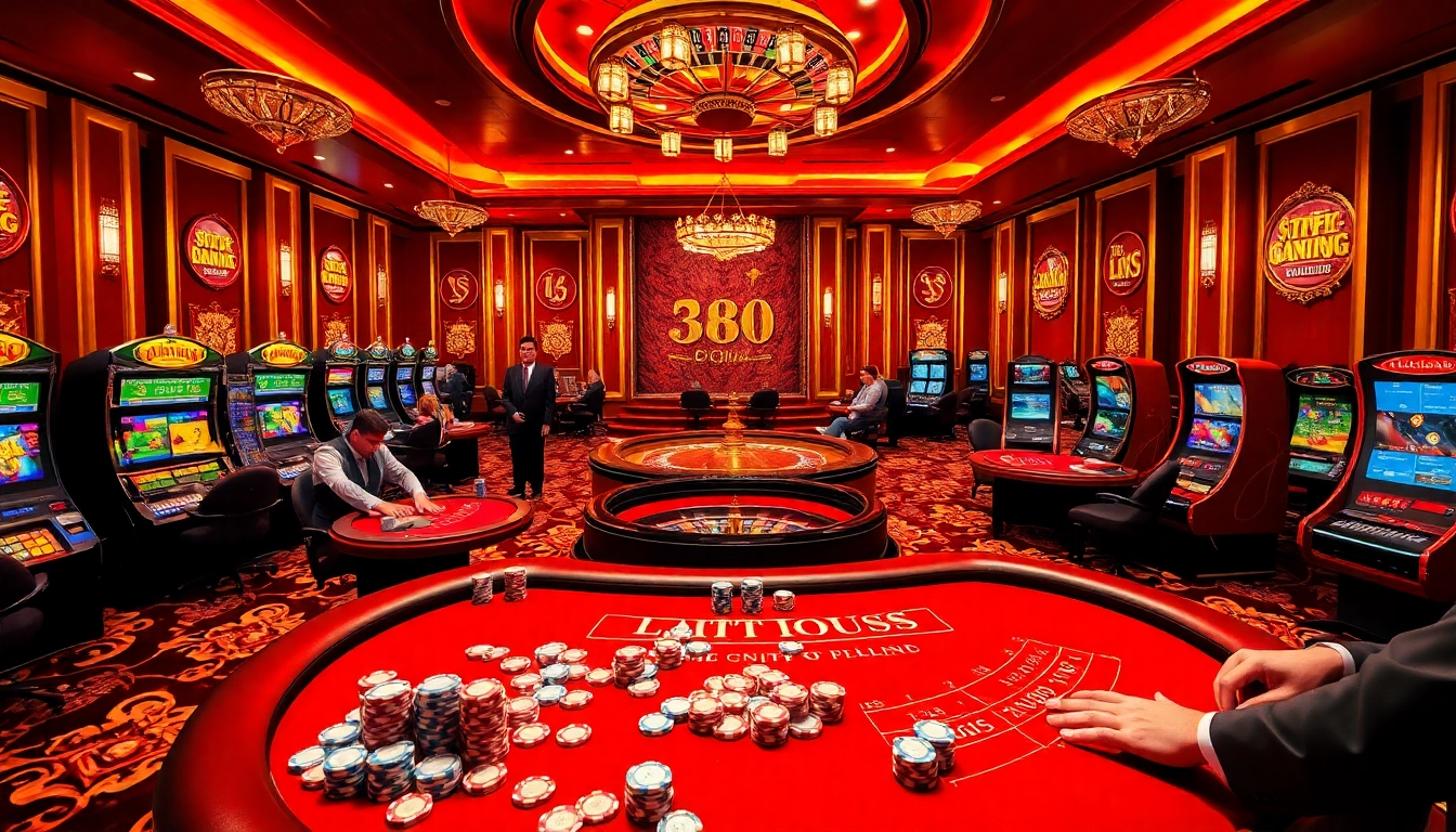 Players engage in thrilling games at https://xx88.day/, featuring roulette and blackjack in a luxurious casino setting.
