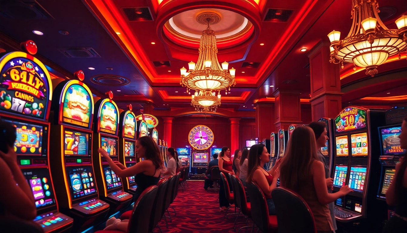 A group of excited players spinning the reels on colorful slot machines in a vibrant casino environment.