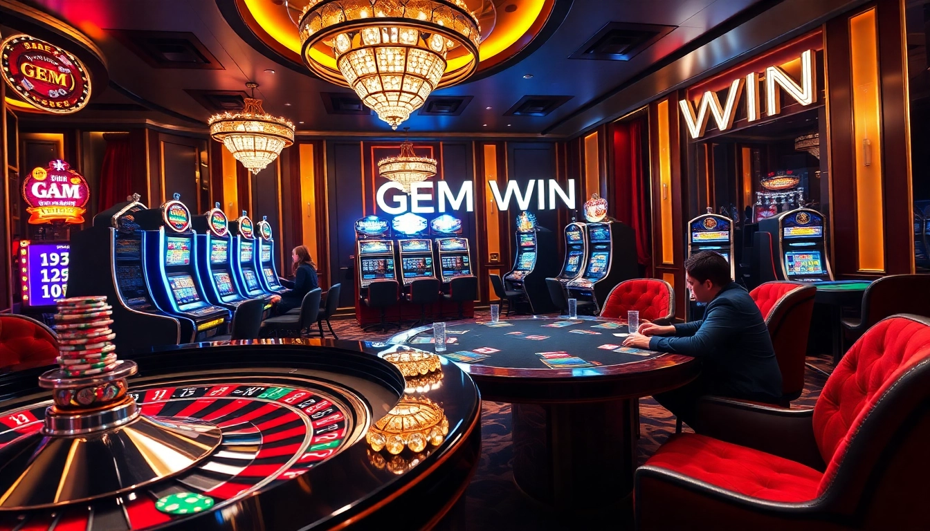 Play a thrilling game at GEM WIN casino with vibrant slot machines and poker tables.