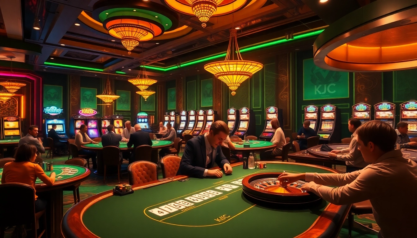KJC players engaging at a dynamic casino poker table surrounded by vibrant gaming excitement.