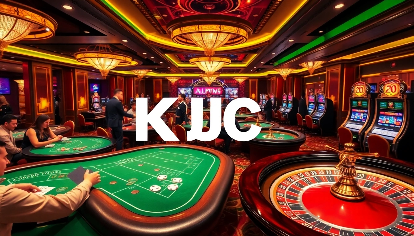 KJC branded casino thrill with gamblers playing at luxury tables and vibrant slot machines.