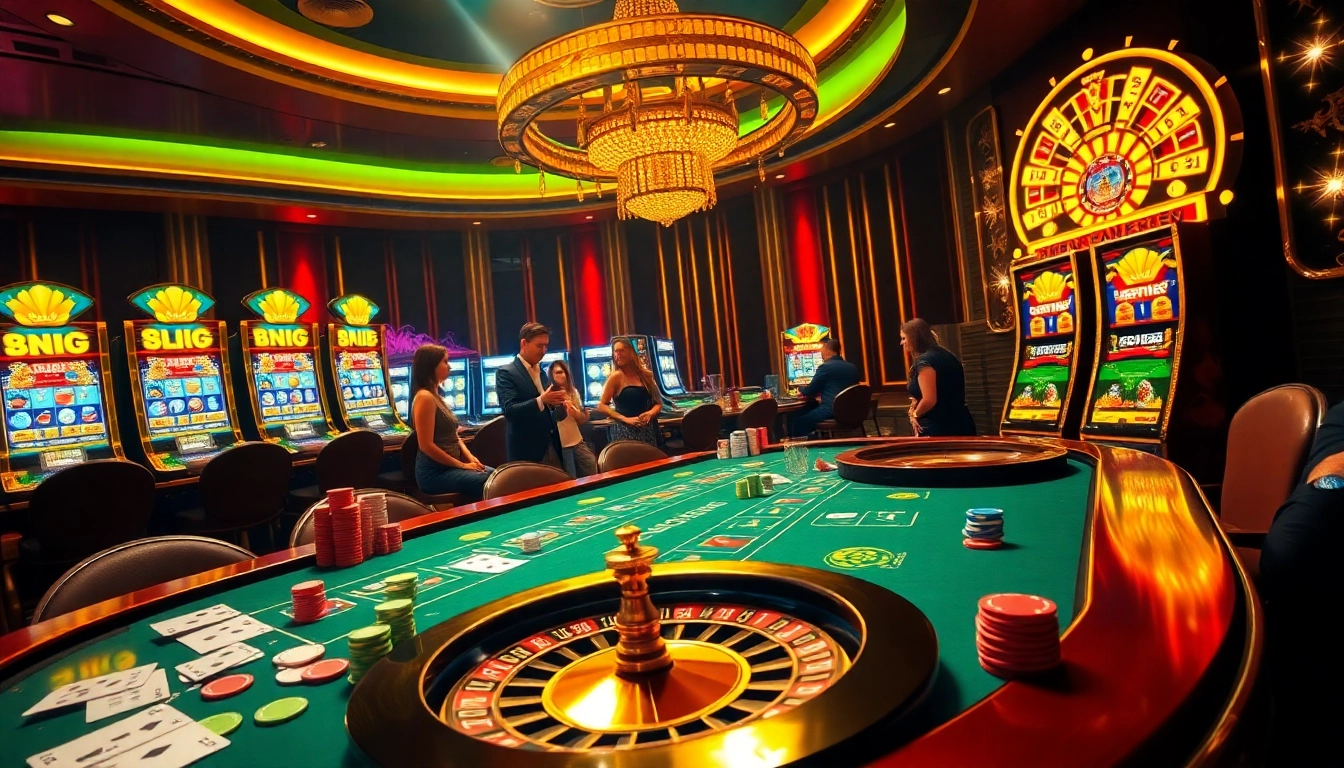 NK88 players engaging in an exciting live casino experience with vibrant poker chips and roulette wheel.