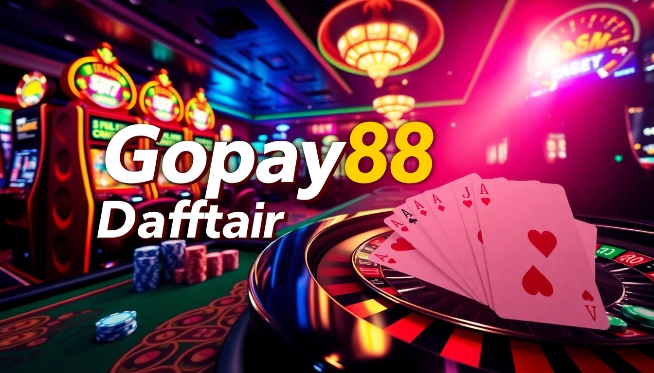 Experience the thrill of Gopay88 Daftar with vibrant casino visuals featuring roulette and slot machines.