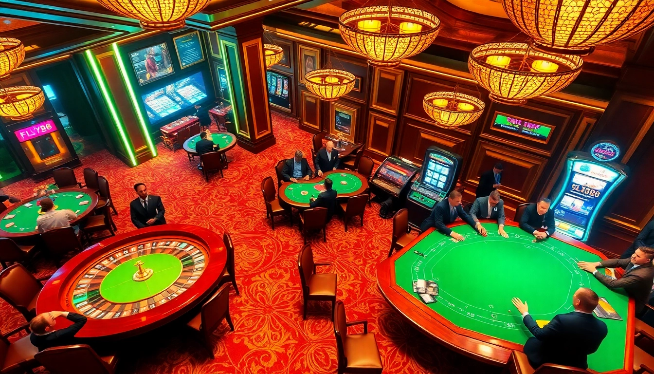 FLY88's high-stakes poker tables captivate gamblers in a luxurious casino environment.