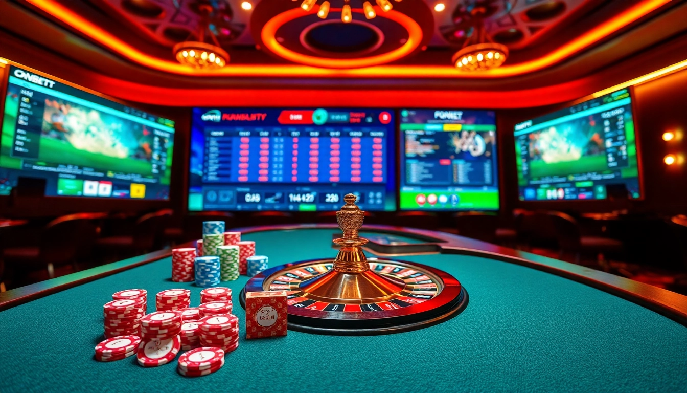 The vibrant gaming atmosphere of https://onbet11.net/ featuring poker chips and a roulette wheel, inviting players to join.