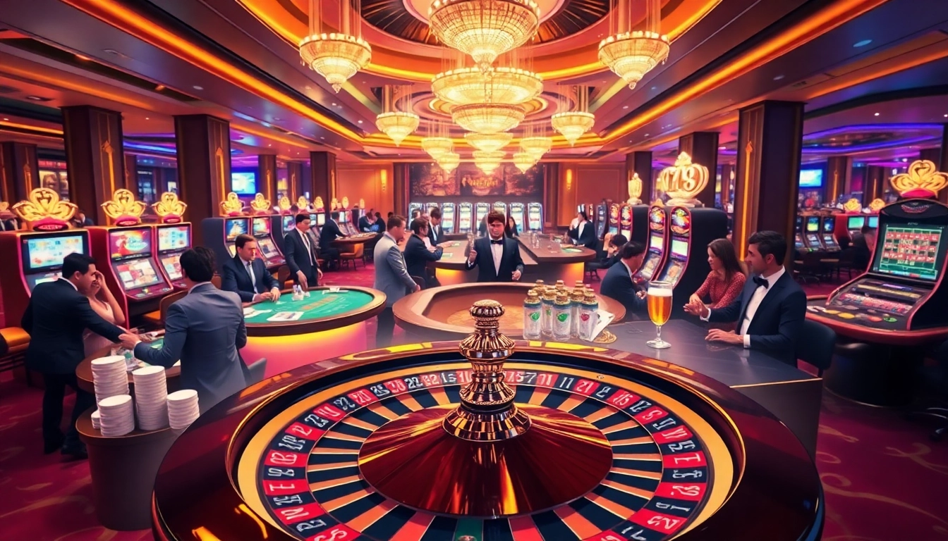 Exciting casino atmosphere at 789club featuring lively players and glamorous gaming tables.