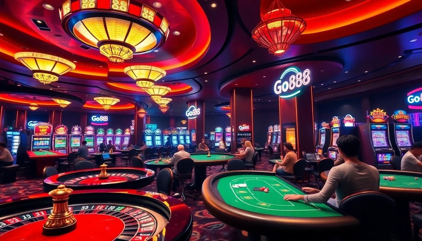 Players happily winning at Go88 casino tables surrounded by vibrant gaming elements.