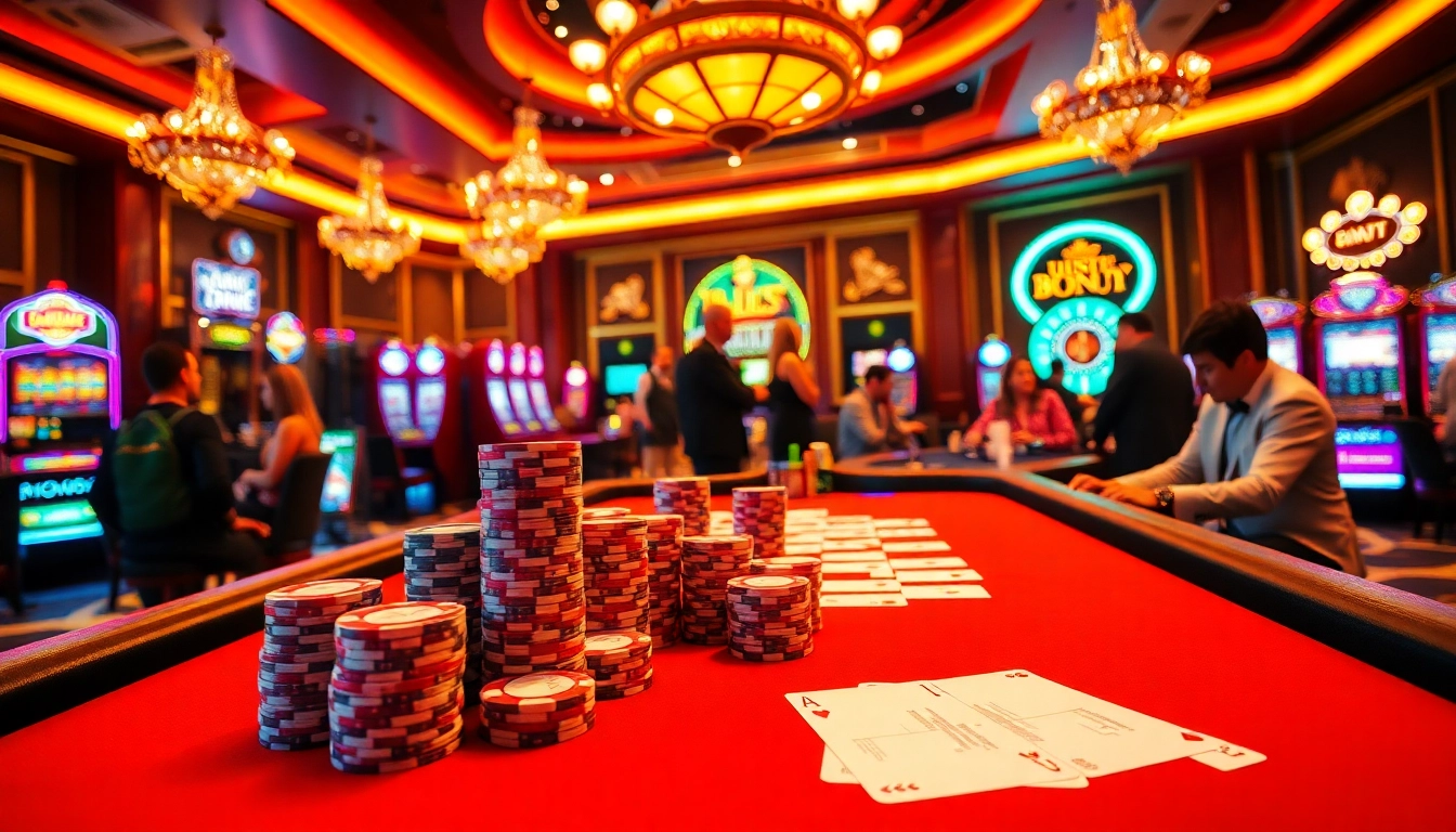 High-stakes b52 gameplay at a luxurious casino filled with vibrant tables and eager players.