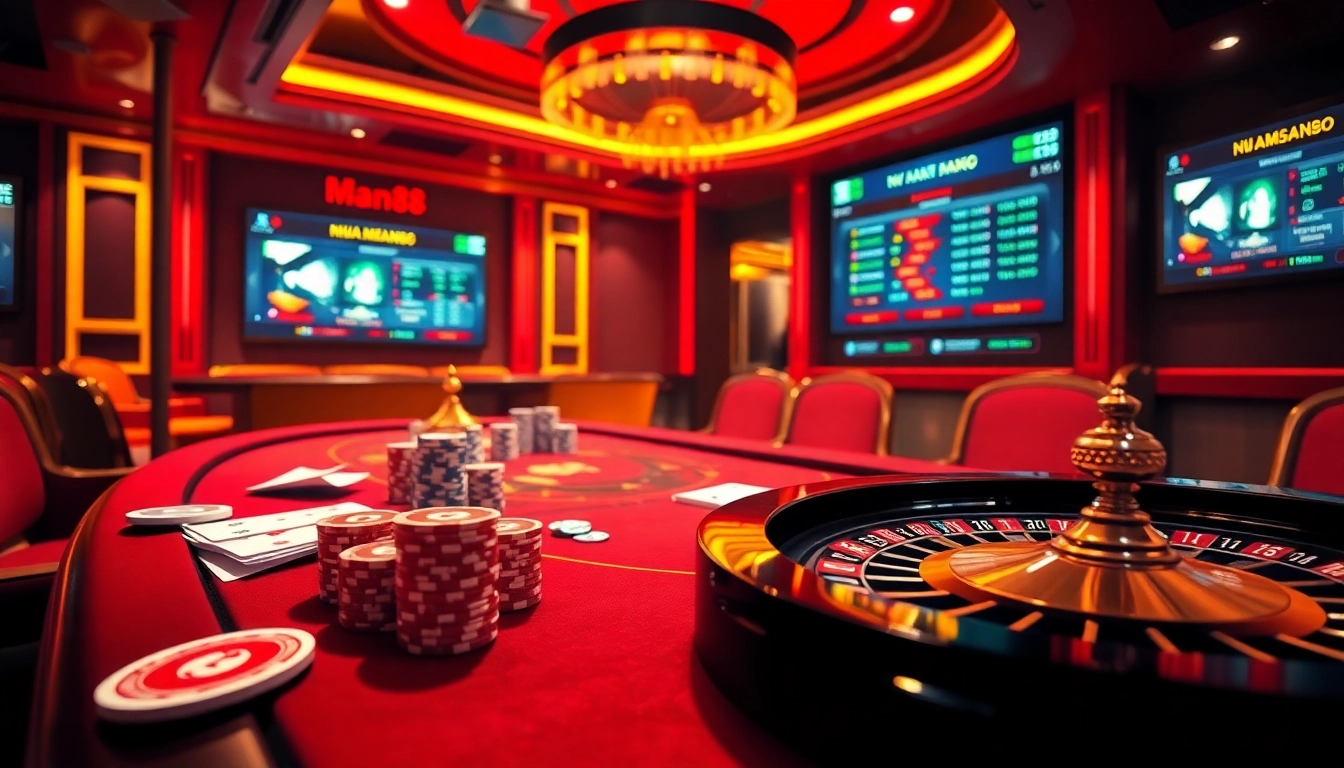 Experience thrills at nhà cái Man88 with vibrant casino tables, poker chips, and roulette wheels.