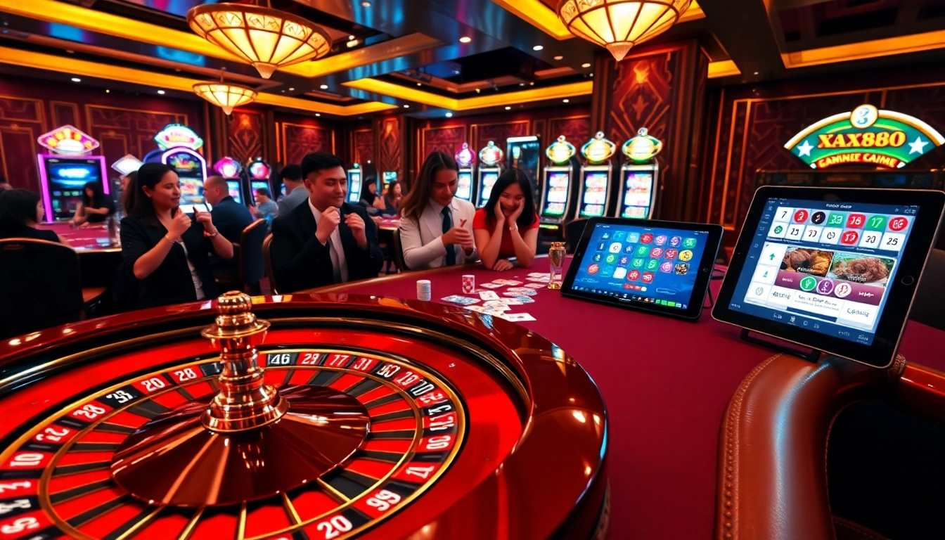 Players enjoying a thrilling game experience at XX88's luxurious casino tables.