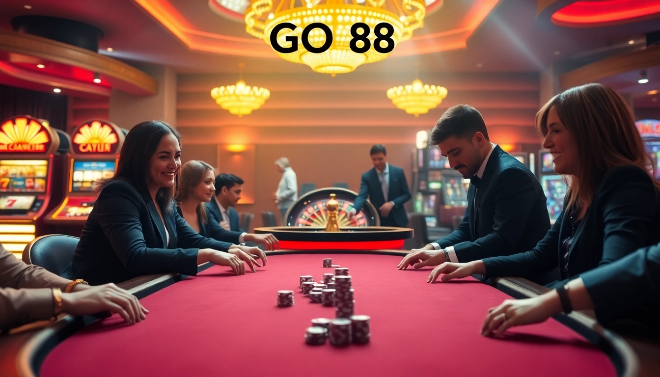 Players engaging in an exciting casino game night at GO 88, with poker chips and roulette wheel on display.