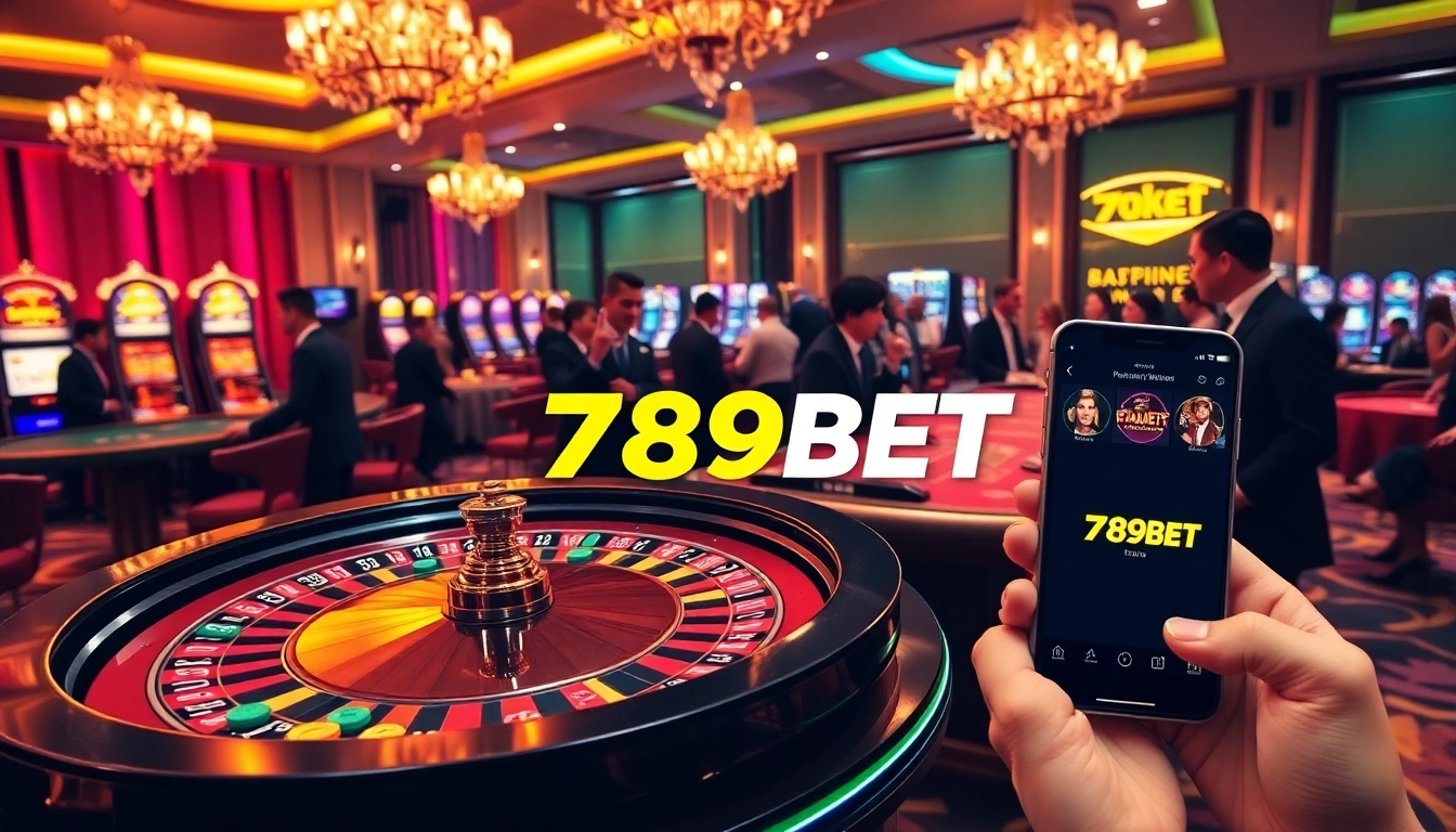 Experience high-stakes excitement at 789BET with vibrant casino visuals showcasing roulette and slot machines.