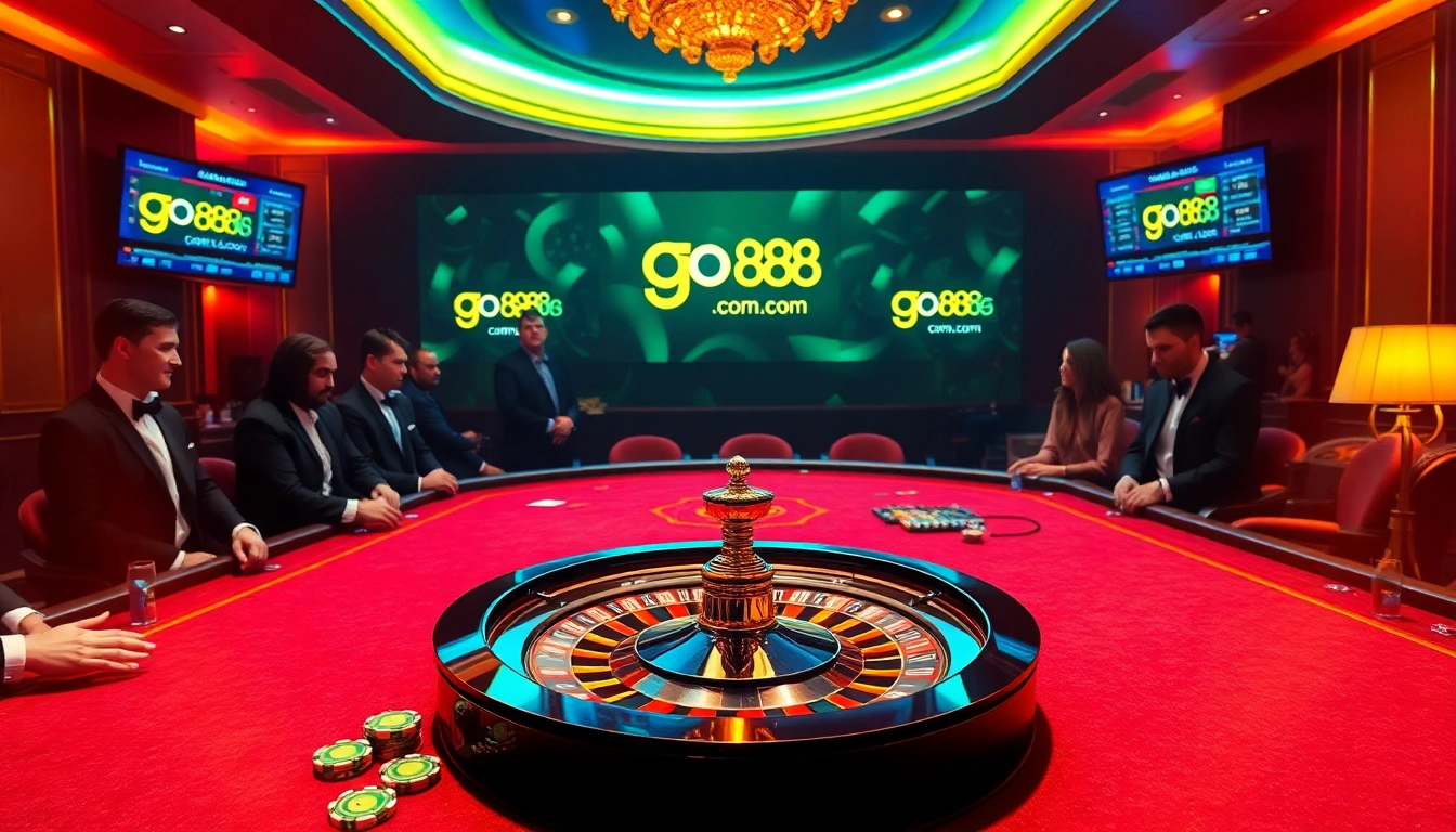 Action-packed casino scene showcasing players at a table with go 88 com branding, highlighting strategic gambling.