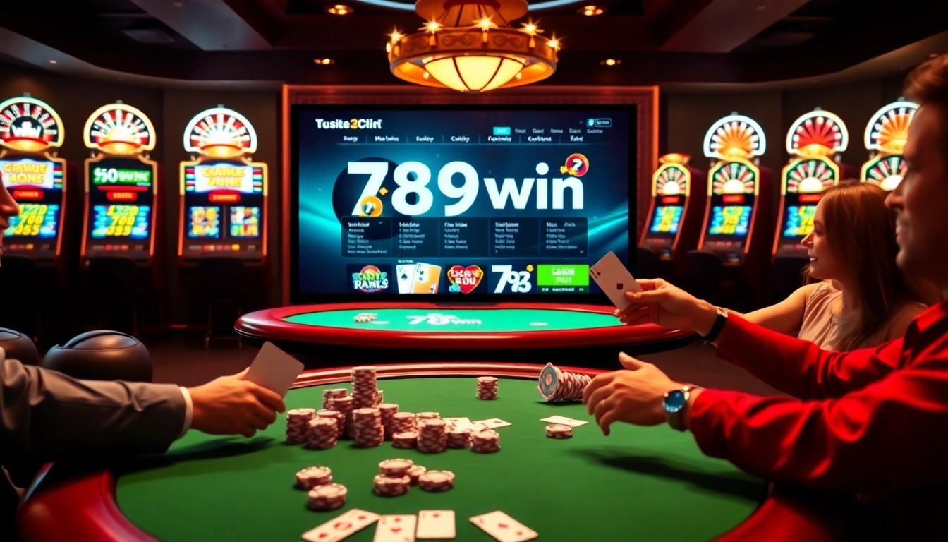 Experience the thrill of 789win at a luxurious casino table with poker chips and vibrant slot machines.
