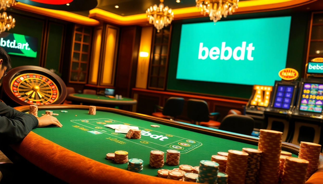 Exciting casino scene featuring blackjack and roulette at betbdt.art with vibrant poker chips and elegant decor.