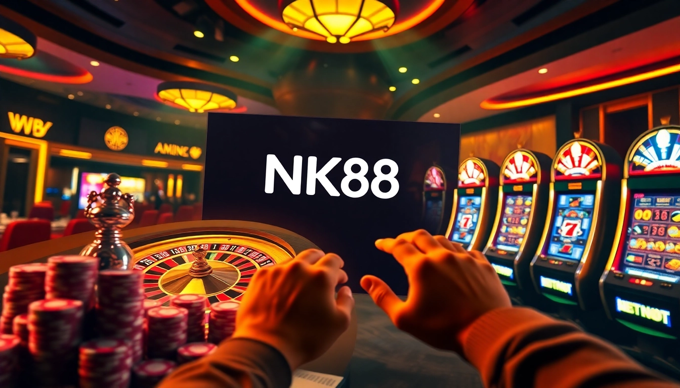Experience nk88 thrills with vibrant casino elements like roulette wheels and poker chips.