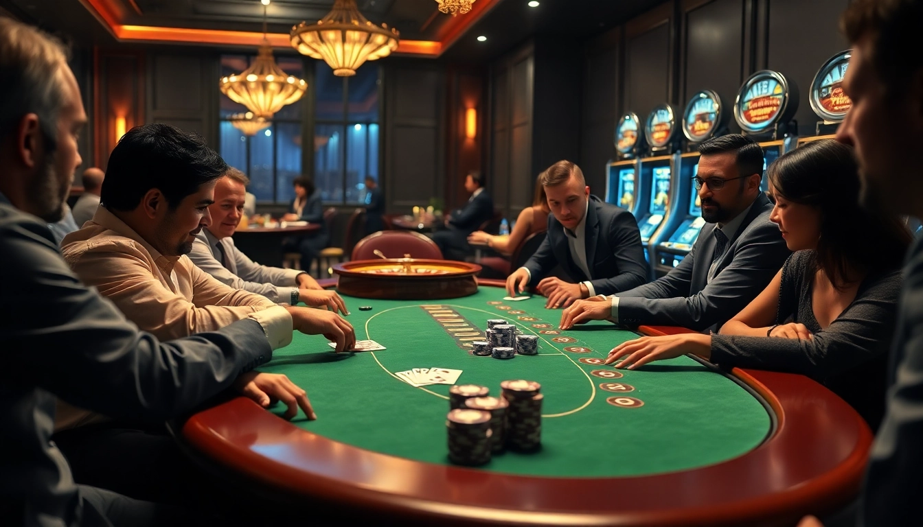 Engage in high-stakes poker at https://nohu900.ws/ with players excited around a casino table.